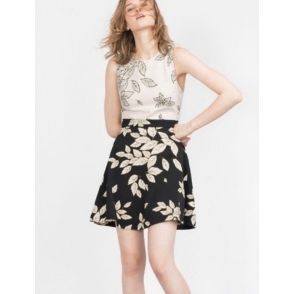 Zara‎ Basic Women Cream Black Leaf Print Fit Flare Cutout Racerback Dress Small